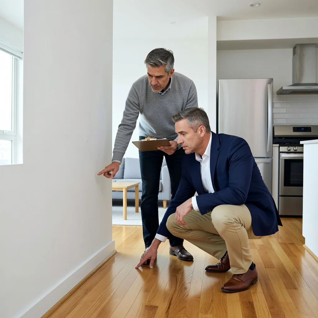 A photorealistic image of an adult tenant and a landlord conducting a thorough inspection of a rental apartment, examining walls, floors, and appliances together, with a clipboard in hand, conveying a sense of careful attention to avoid common mistakes. No children are present in the scene.