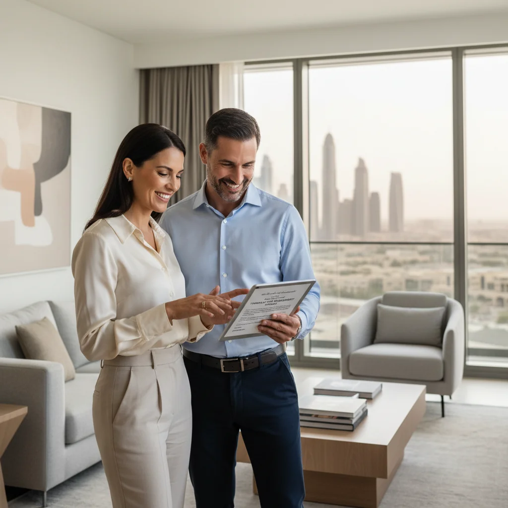 A photorealistic image of a professional adult couple in their mid-30s standing in a modern, well-maintained apartment in the UAE, smiling confidently as they review a tenancy agreement on a tablet, with subtle UAE skyline visible through the window, symbolizing secure and legal property rental.