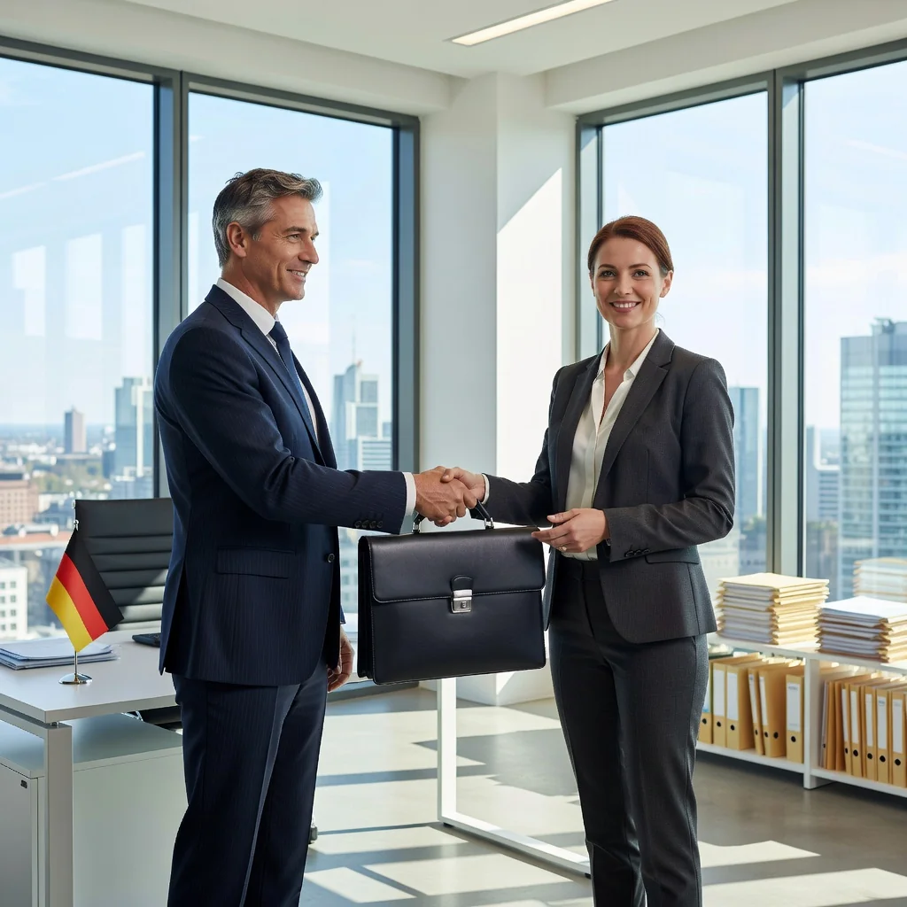 A professional handover scene in a modern German office, showing a middle-aged business professional passing a briefcase to another colleague, symbolizing the transfer of responsibilities as in a Übergabeprotokoll document, with subtle German elements like a flag in the background, photorealistic style.