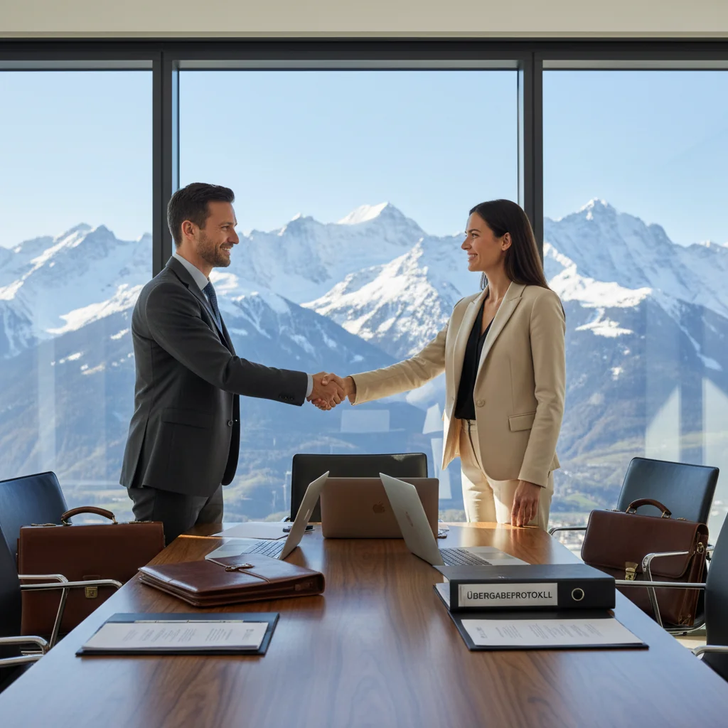 A photorealistic image depicting a professional handover meeting in a modern Swiss office, with two adults shaking hands over a table, symbolizing the transfer of responsibilities in a business context, with subtle Swiss Alps visible through a window in the background.