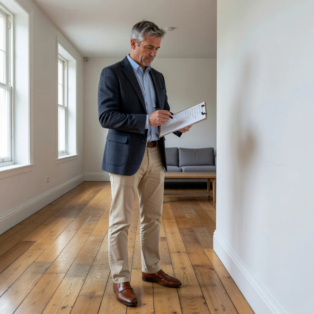 A photorealistic image of a professional surveyor or property manager inspecting a residential property interior, taking notes on a clipboard while examining walls and floors for condition and inventory, conveying a sense of thorough assessment in a UK home setting, no children present.