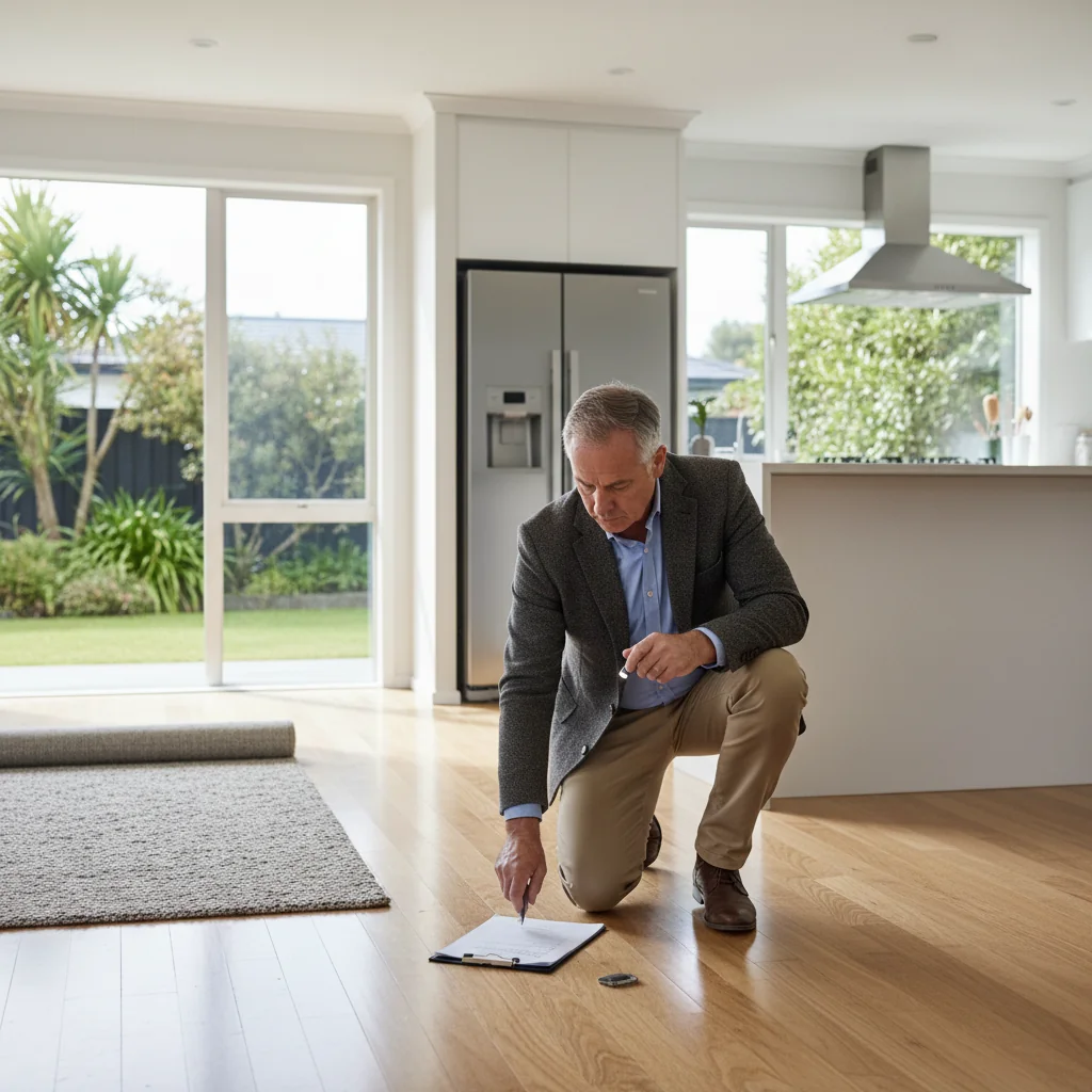 A photorealistic image of a professional real estate inspector conducting a thorough property inspection in a modern New Zealand home, examining walls, floors, and fixtures with a clipboard in hand, symbolizing the assessment process for a property condition report.
