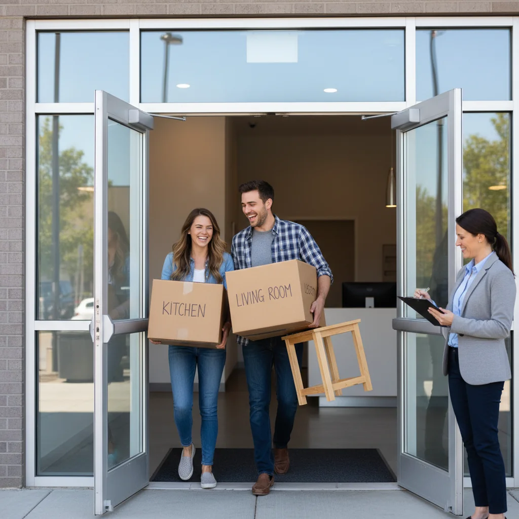 A photorealistic image of a young adult couple happily moving into a new apartment, carrying moving boxes and furniture through the front door, with the real estate agent conducting a move-in inspection checklist in the background, emphasizing the transition and inspection process in a modern US residential building.
