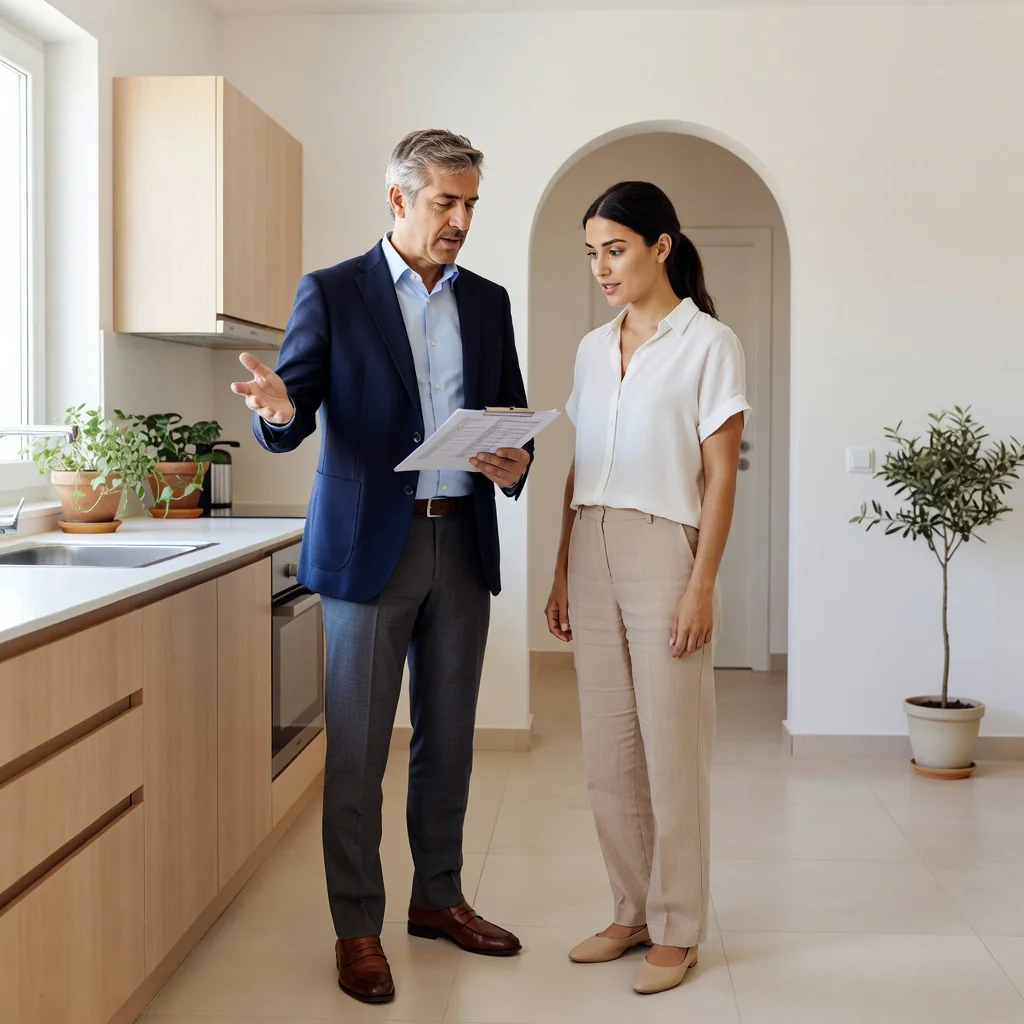 A photorealistic image of a professional landlord and tenant in a modern Spanish apartment, conducting a routine housing inspection. The landlord, a middle-aged man in neat attire, holds a clipboard with a checklist, pointing to details on the walls and fixtures, while the tenant, a young adult woman, observes attentively. The scene captures a well-maintained living room with typical Spanish elements like tiled floors and warm lighting, emphasizing care and agreement without showing any legal documents or children.