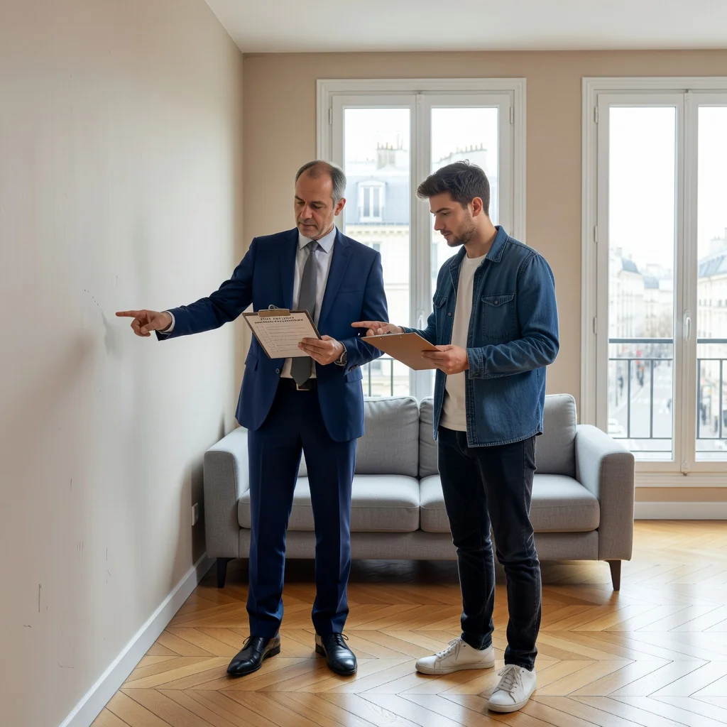 A photorealistic image representing the état des lieux process in France, showing a professional real estate agent and a tenant conducting a detailed inspection inside a modern French apartment, examining walls, floors, and furniture to document the property's condition before move-in. The scene captures the collaborative and meticulous nature of the legal procedure, with natural light from a window highlighting the interior details, evoking trust and preparation in rental agreements. No children are present in the image.