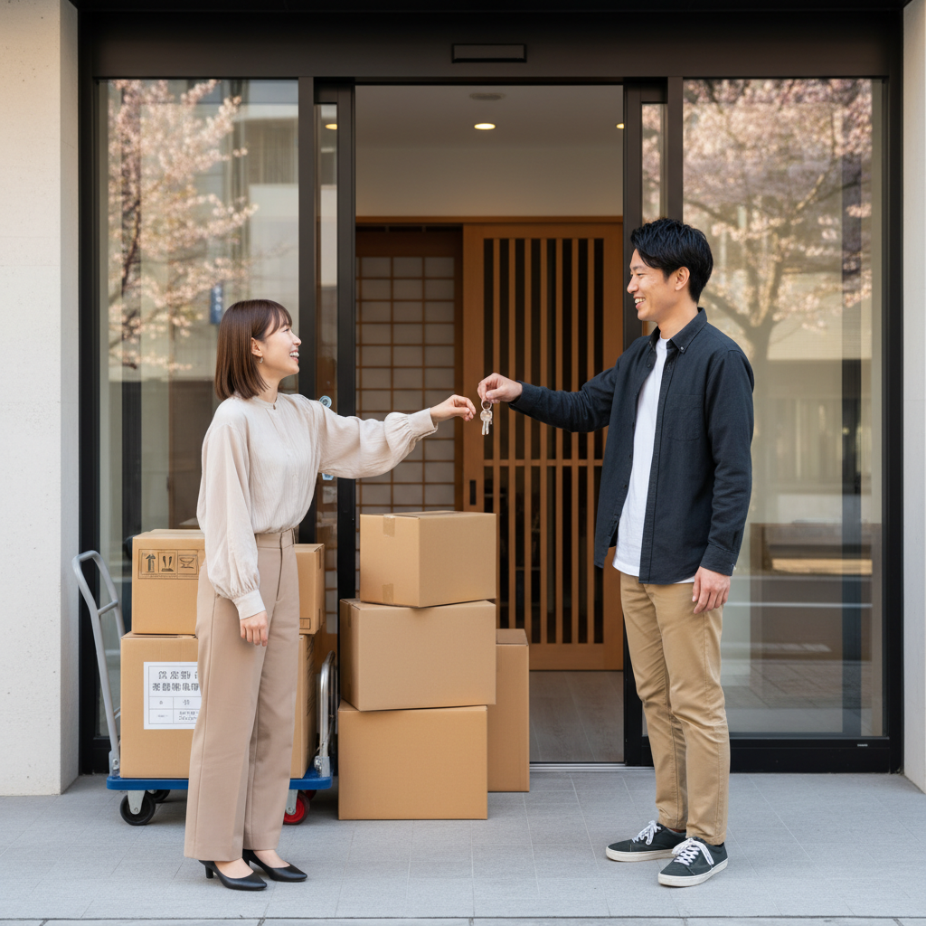 A photorealistic image of a young Japanese adult couple moving into a modern apartment in Japan, one person handing over keys to the other at the entrance, with moving boxes nearby, symbolizing the start of a rental lease agreement, no children present.