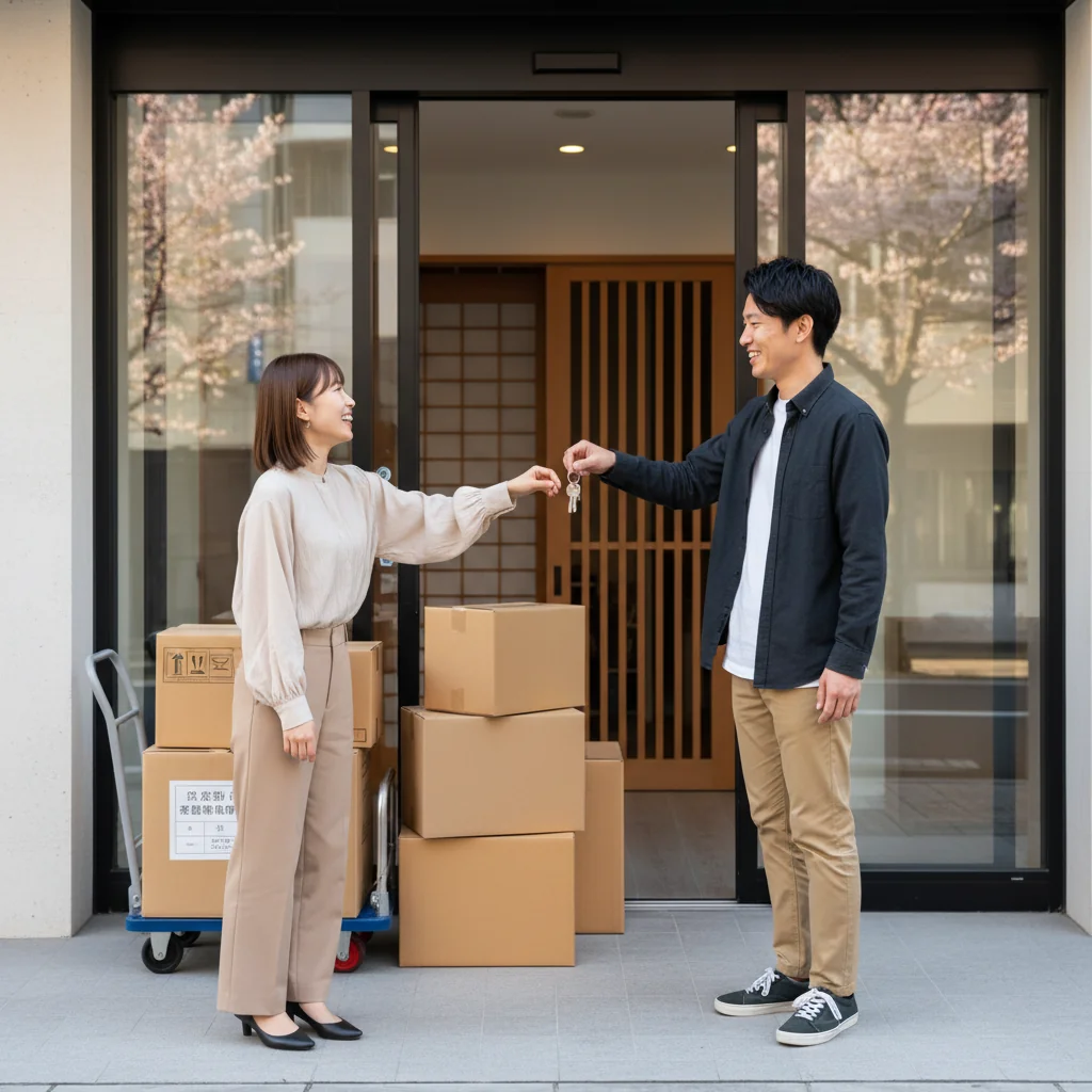 A photorealistic image of a young Japanese adult couple moving into a modern apartment in Japan, one person handing over keys to the other at the entrance, with moving boxes nearby, symbolizing the start of a rental lease agreement, no children present.