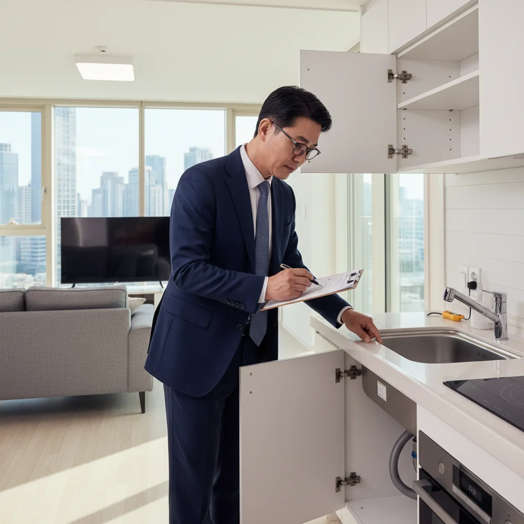A photorealistic image of a professional inspector conducting a thorough check of a modern apartment interior in South Korea, focusing on aspects like structural integrity, appliances, and living spaces to ensure compliance with rental standards. The scene conveys reliability and attention to detail in rental housing maintenance, with subtle South Korean urban elements in the background. No children are present in the image.