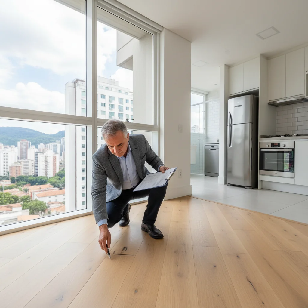 A photorealistic image of a professional real estate inspector conducting a detailed property inspection in a modern Brazilian apartment, examining walls, floors, and fixtures with a clipboard in hand, symbolizing the purpose of a rental property inspection report without focusing on the document itself. No children present.