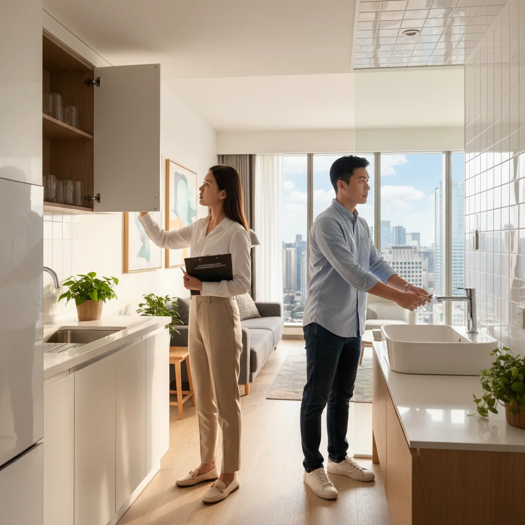 A photorealistic image of a young adult Chinese couple in their mid-20s, standing in a modern, clean apartment in China, conducting a thorough room inspection. The woman is checking the kitchen appliances and cabinets, while the man examines the bathroom fixtures and windows for any damages or issues. They look focused and professional, holding a clipboard with a checklist, symbolizing the preparation for house rental inspection. The scene is bright, natural light from windows, emphasizing a new beginning in renting a home. No children are present in the image.