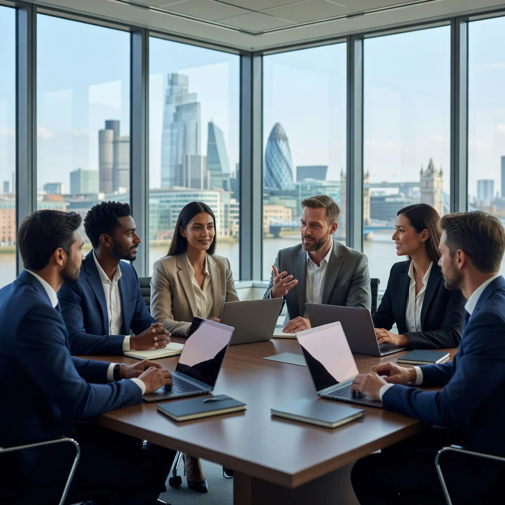 A photorealistic image of diverse professionals in a modern UK office setting, engaged in a collaborative discussion around a conference table, symbolizing ethical business practices and integrity in corporate decision-making, with elements like a Union Jack flag subtly in the background to represent UK businesses.