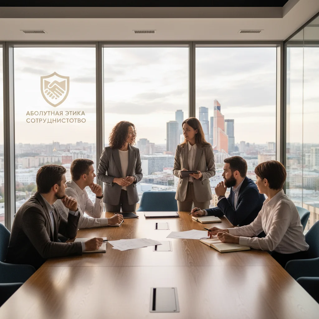 A photorealistic image of a diverse group of professional adults in a modern Russian office setting, engaged in a collaborative discussion around a conference table, symbolizing ethical decision-making and organizational integrity in a business context. The scene conveys trust, teamwork, and professionalism without any documents visible.