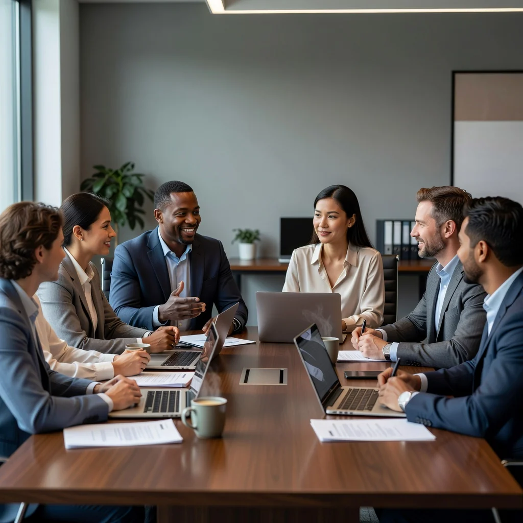 A photorealistic image depicting a diverse group of adult professionals in a modern office setting, engaged in a collaborative discussion around a conference table, symbolizing ethical decision-making and effective implementation of workplace conduct codes. The scene conveys professionalism, teamwork, and integrity without focusing on any documents.