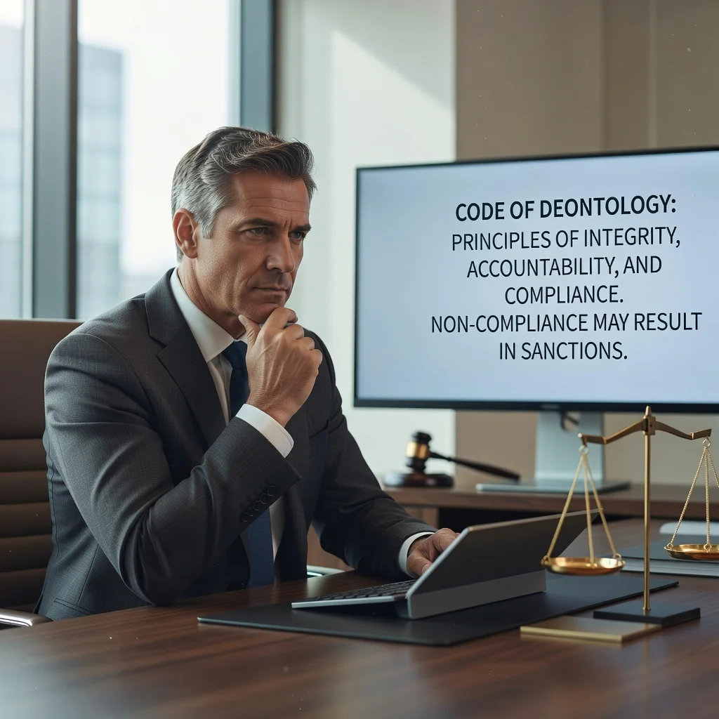A photorealistic image depicting a professional adult in a modern office setting, looking concerned while reviewing a code of ethics document on a computer screen, symbolizing the consequences of non-compliance with professional standards. The scene conveys seriousness and accountability in a corporate environment, with no children present.