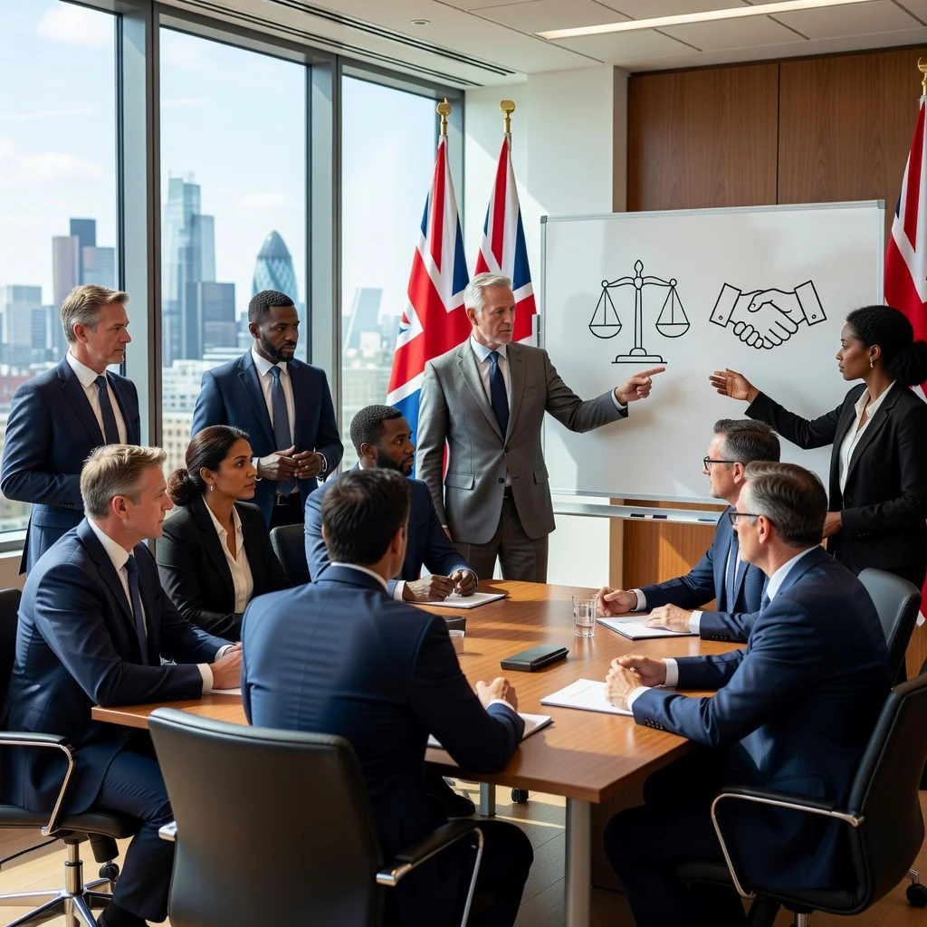 A photorealistic image of a diverse group of adult public officials in a professional meeting room in the UK, discussing ethics and integrity with serious expressions, surrounded by subtle Union Jack elements and government office decor, symbolizing the code of conduct for public officials.