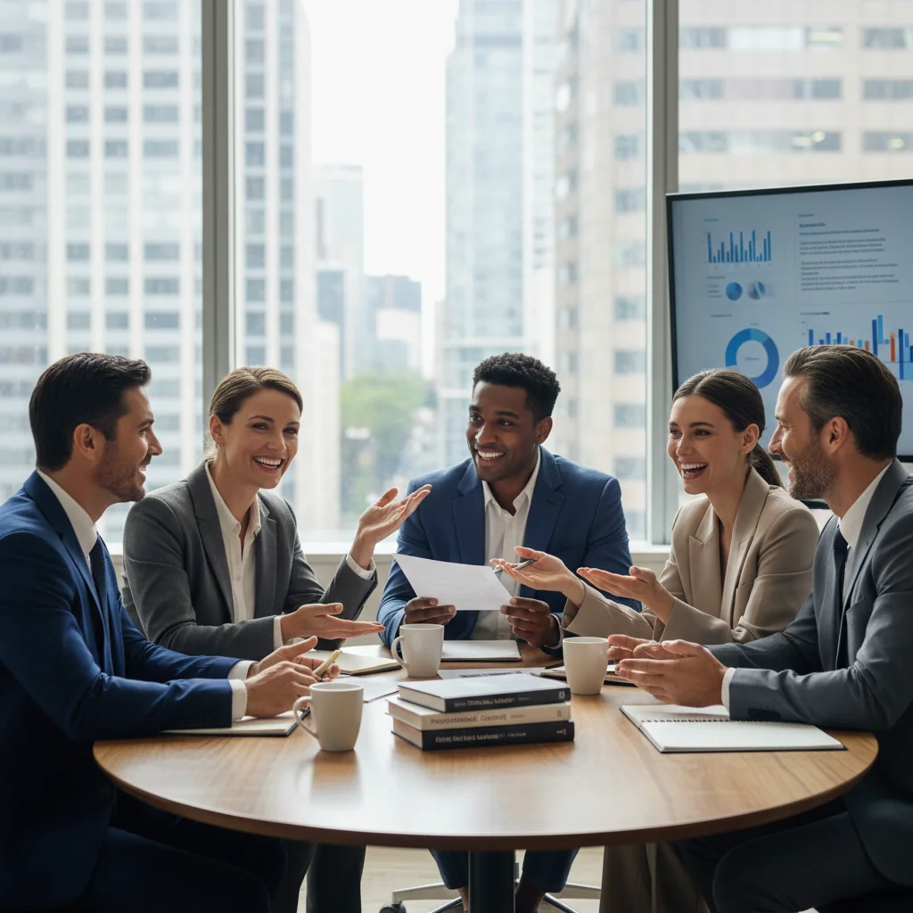 A photorealistic image depicting a diverse group of professional adults in a modern office setting, engaged in a constructive discussion around a conference table, symbolizing ethical collaboration, integrity, and professional conduct. The atmosphere is positive and trustworthy, with natural lighting and realistic details, no children present.