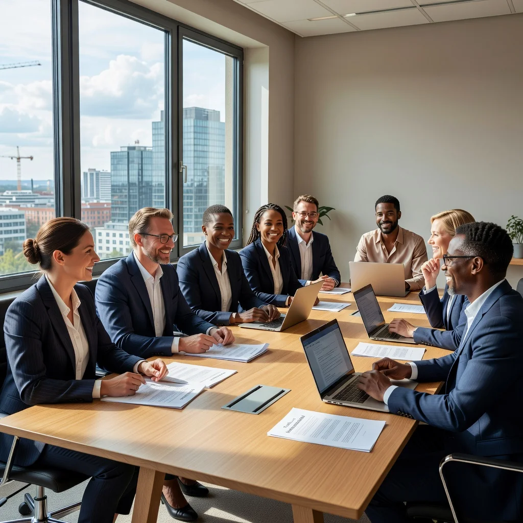 A photorealistic image representing ethical workplace behavior in a German corporate setting, showing a diverse group of professional adults in a modern office environment, engaging in collaborative discussion around a table, symbolizing integrity, compliance, and professional conduct. No children are present in the image.