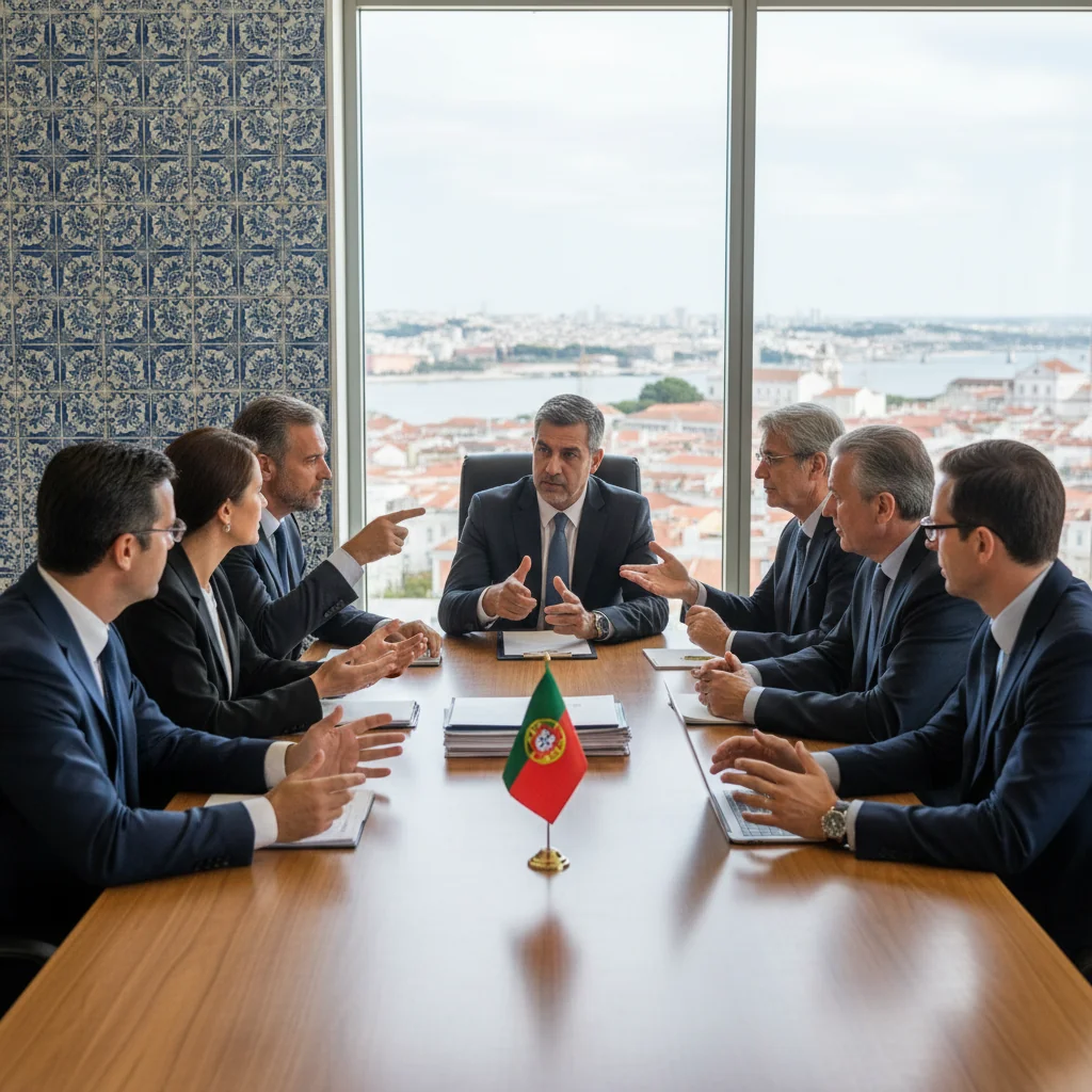 A photorealistic image depicting a professional business meeting in a modern Portuguese office setting, symbolizing ethical conduct and professional integrity. Diverse adults in business attire are engaged in a discussion around a conference table, with subtle Portuguese elements like a flag or Azulejo tiles in the background, conveying trust, collaboration, and adherence to ethical standards. No children or documents are shown.