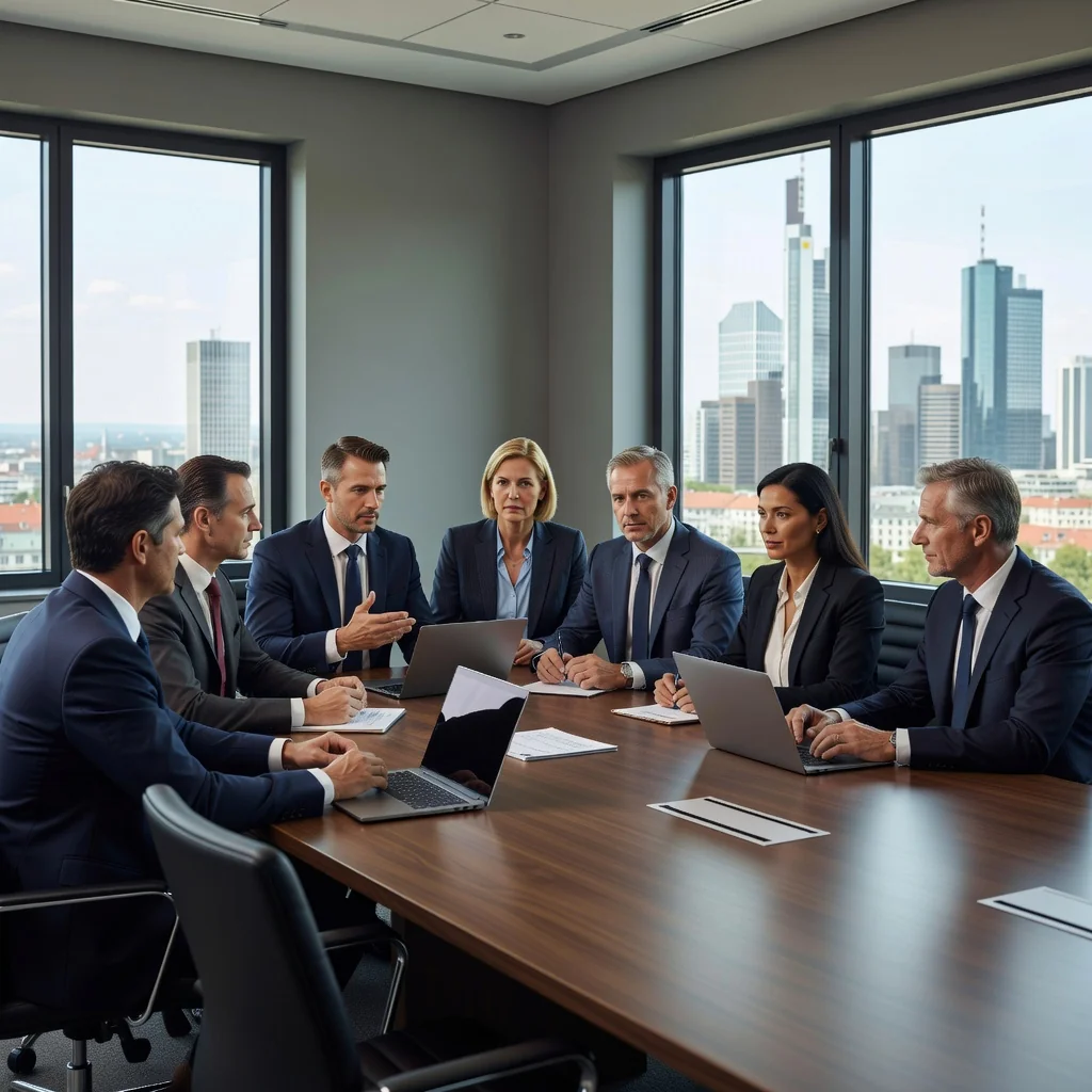 A photorealistic image of a diverse group of professional adults in a modern German corporate office setting, engaged in a team meeting discussing ethical business practices, symbolizing compliance and corporate governance without focusing on documents.