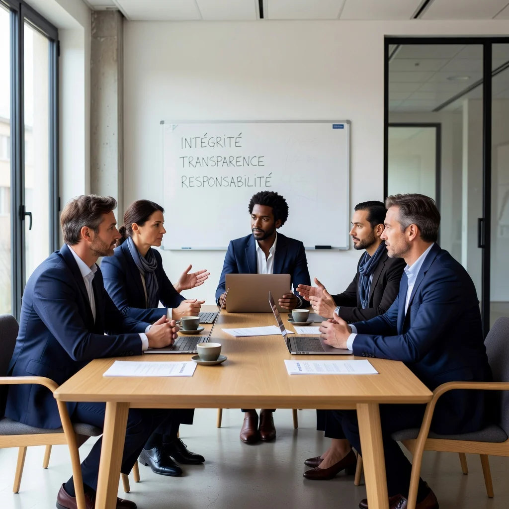 A photorealistic image symbolizing ethical principles and integrity in professional settings in France, featuring a diverse group of adult professionals in a modern office discussing with a sense of trust and fairness, with subtle French architectural elements in the background like a window view of the Eiffel Tower.
