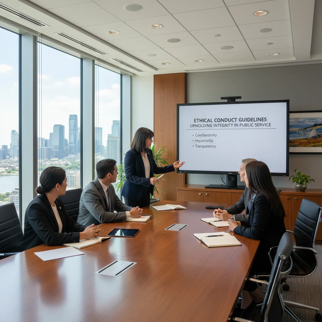 A photorealistic image depicting a diverse group of professional adults in a government office setting, engaged in a meeting discussing ethical guidelines, symbolizing integrity and public service in governmental institutions.
