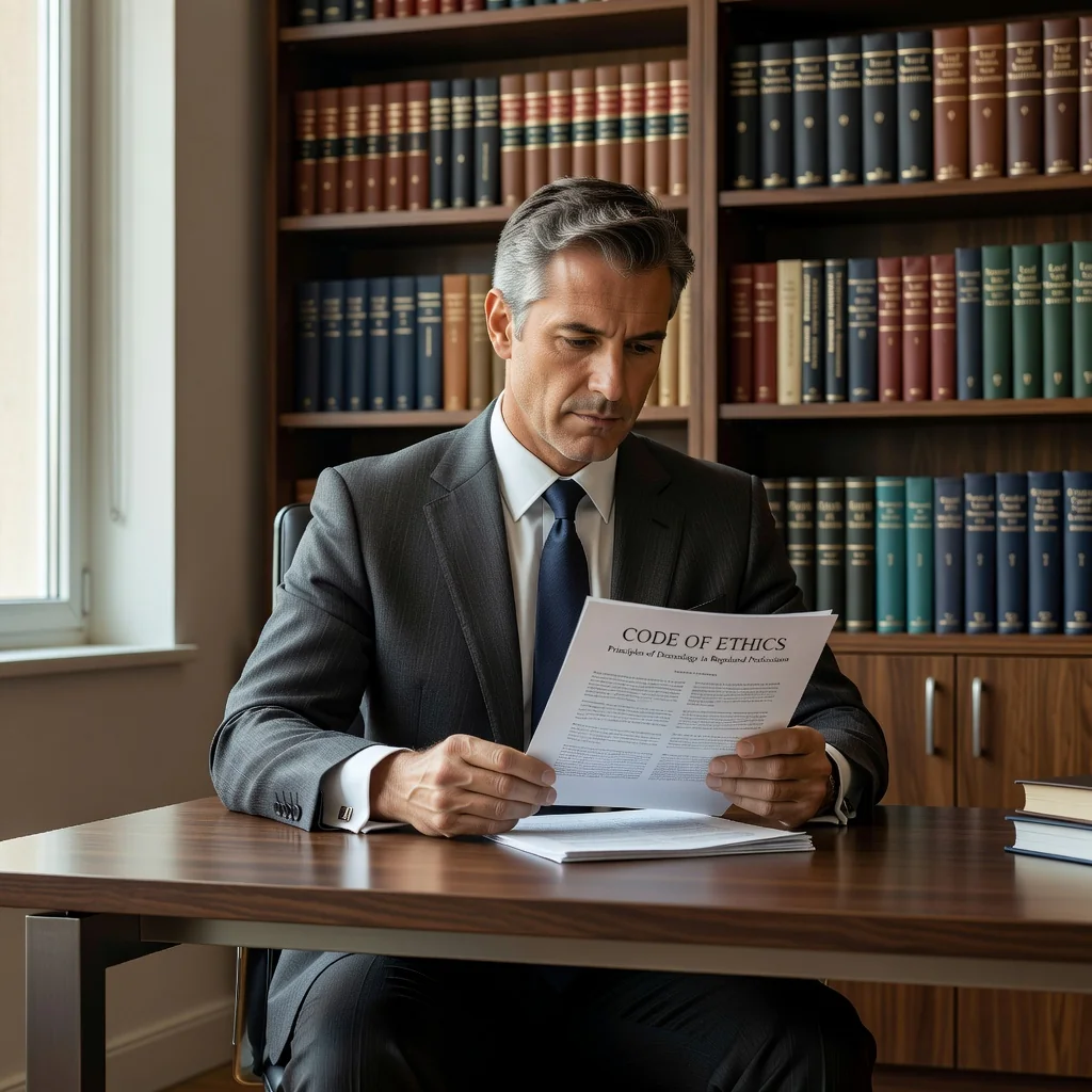 A photorealistic image depicting a professional in a regulated occupation, such as a doctor or lawyer, thoughtfully reviewing ethical guidelines at a modern office desk, symbolizing the application of a code of ethics in regulated professions. The scene should convey integrity, professionalism, and responsibility, with no children present.