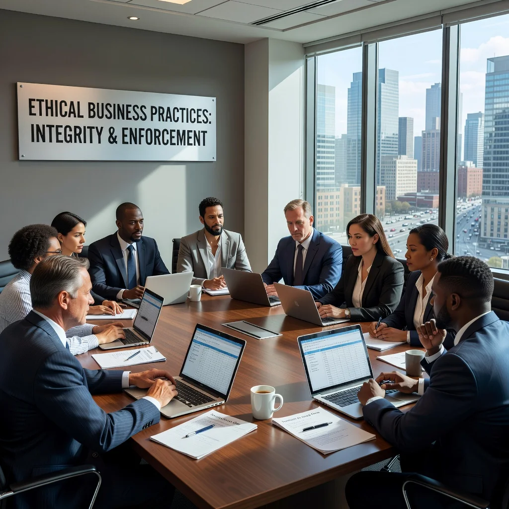 A photorealistic image of a diverse group of professional adults in a modern American corporate office setting, engaged in a serious discussion around a conference table, symbolizing the implementation and enforcement of business ethics codes. The atmosphere conveys trust, integrity, and accountability, with elements like handshakes, diverse team members, and subtle American flags in the background. No children are present in the image.