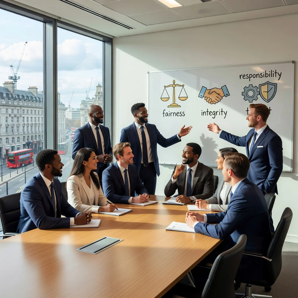 A photorealistic image of a diverse group of professional adults in a modern UK office setting, engaged in a collaborative discussion about ethics, symbolizing the implementation of a strong code of ethics in an organization. The scene shows adults shaking hands, looking at a shared screen with abstract ethical symbols, in a bright, professional environment with subtle UK elements like a Union Jack flag in the background. No children are present. The image is entirely photorealistic, with no graphics, drawings, or illustrations.