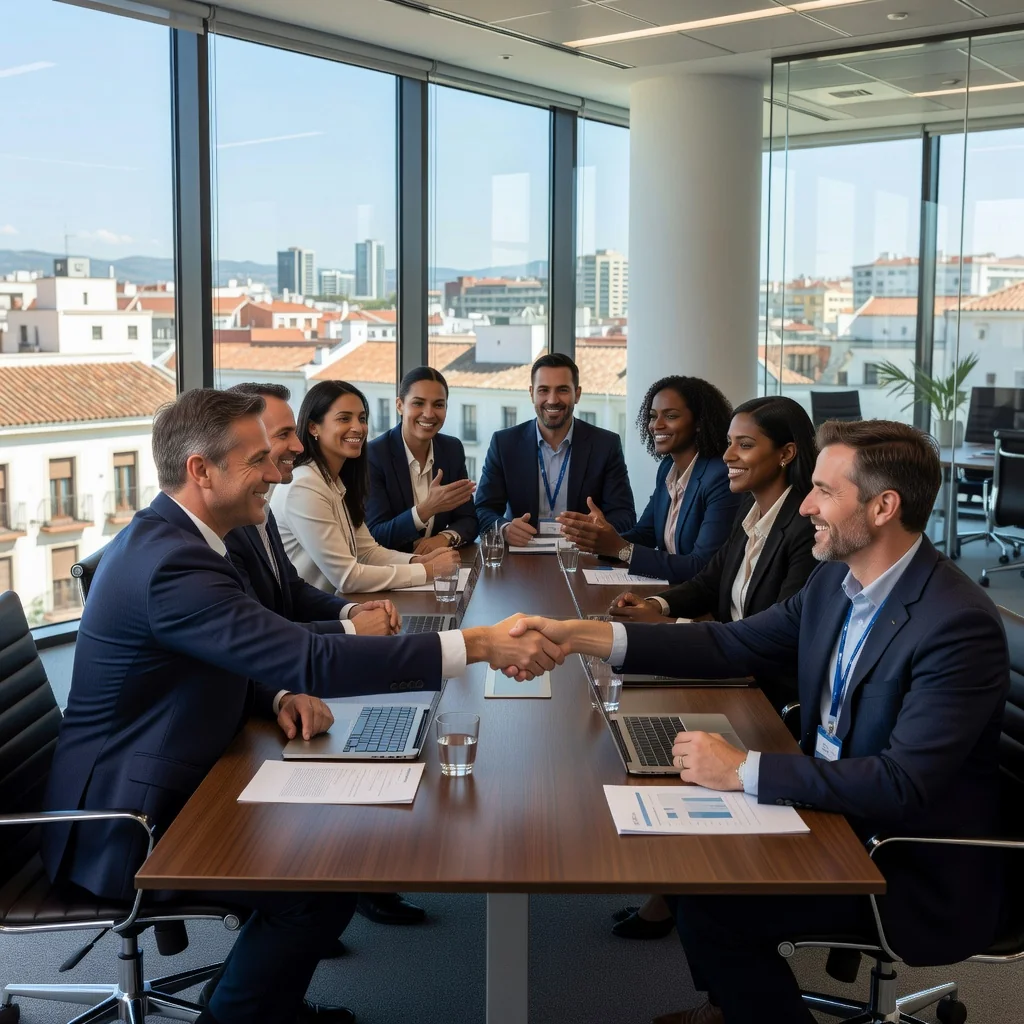 A photorealistic image depicting a diverse group of adult professionals in a modern Spanish office environment, engaged in collaborative discussion around a conference table, symbolizing ethical workplace practices, trust, and integrity in professional settings. No children are present. The scene captures a positive, professional atmosphere with elements like handshakes or shared smiles to represent ethical conduct.