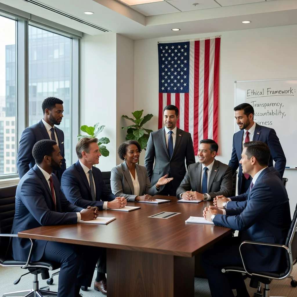 A photorealistic image depicting ethical business practices in a professional office setting in the United States, symbolizing the purpose of an effective ethics policy. Show diverse adult professionals in a modern conference room, engaged in a positive discussion around a table with subtle American flag elements in the background, emphasizing integrity, trust, and compliance without any documents visible. No children or minors should be included in the image.