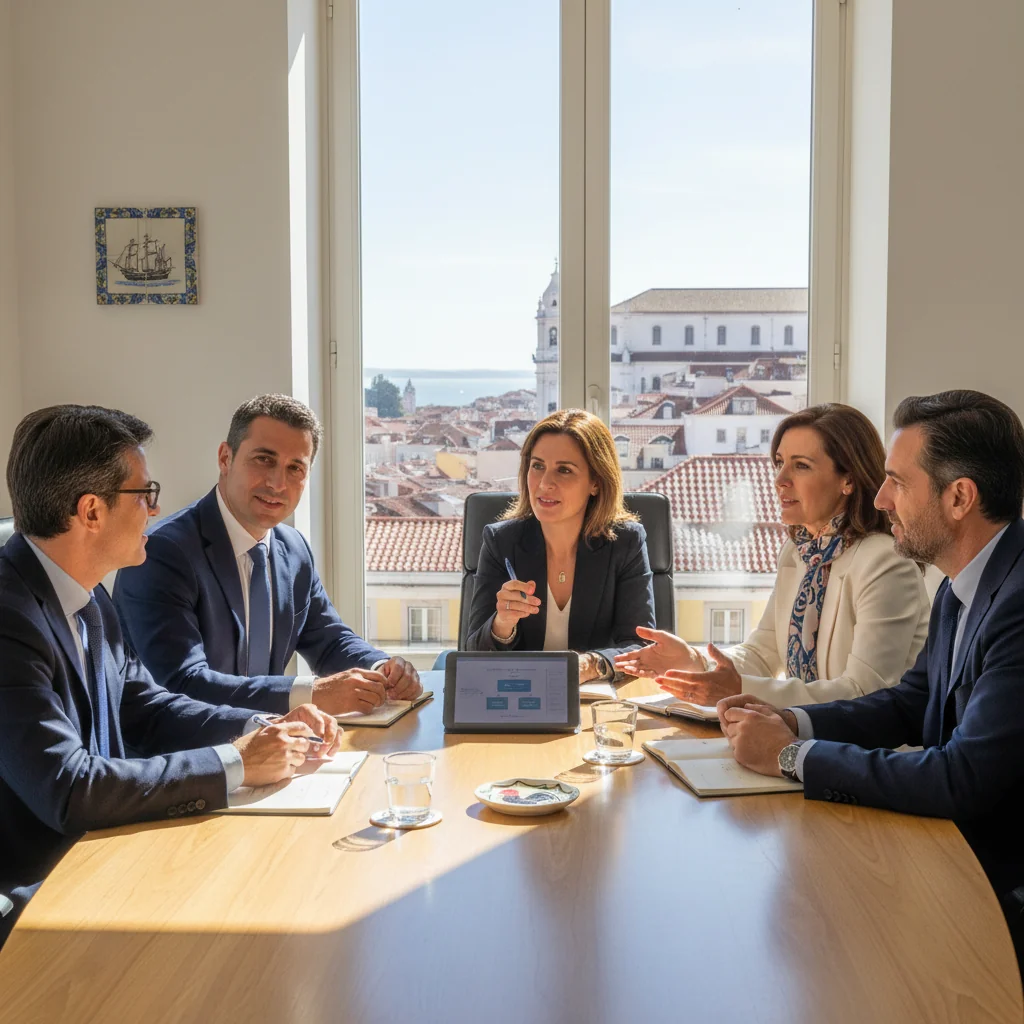 A photorealistic image of diverse professionals in a modern Portuguese office setting, engaged in a collaborative discussion around a table, symbolizing ethical business practices and integrity in Portuguese companies. The atmosphere is professional, trustworthy, and positive, with subtle Portuguese elements like a flag or architecture in the background. No children are present.
