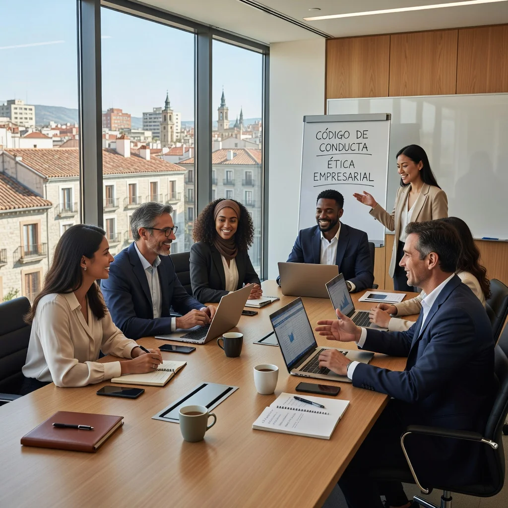 A photorealistic image of a diverse group of professional adults in a modern Spanish office setting, engaged in a collaborative meeting discussing business ethics and conduct, symbolizing the implementation of an effective code of conduct in a business environment. The scene includes adults only, no children, with warm lighting and natural expressions of focus and teamwork.