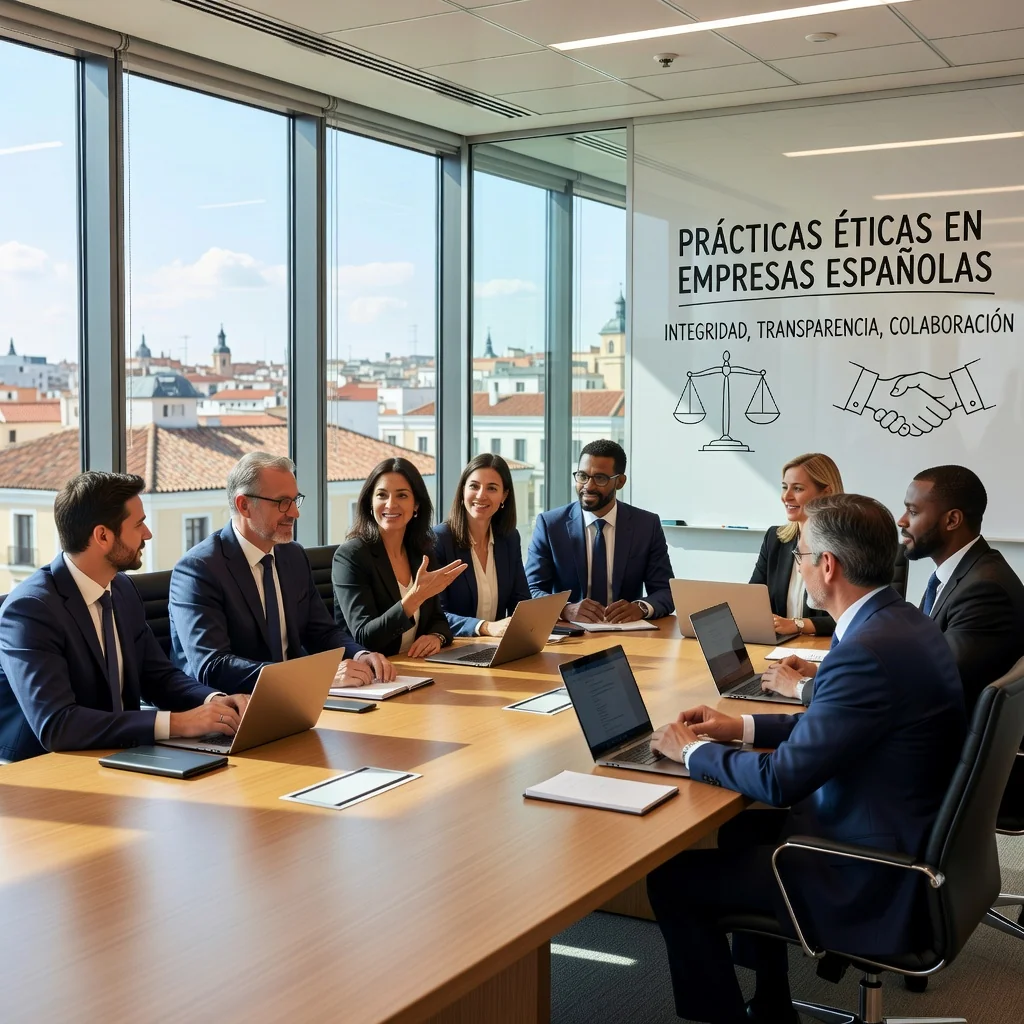 A photorealistic image of a diverse group of professional adults in a modern Spanish office setting, engaged in a positive discussion about ethics and conduct, symbolizing corporate integrity and teamwork in Spanish companies. No children are present in the image.