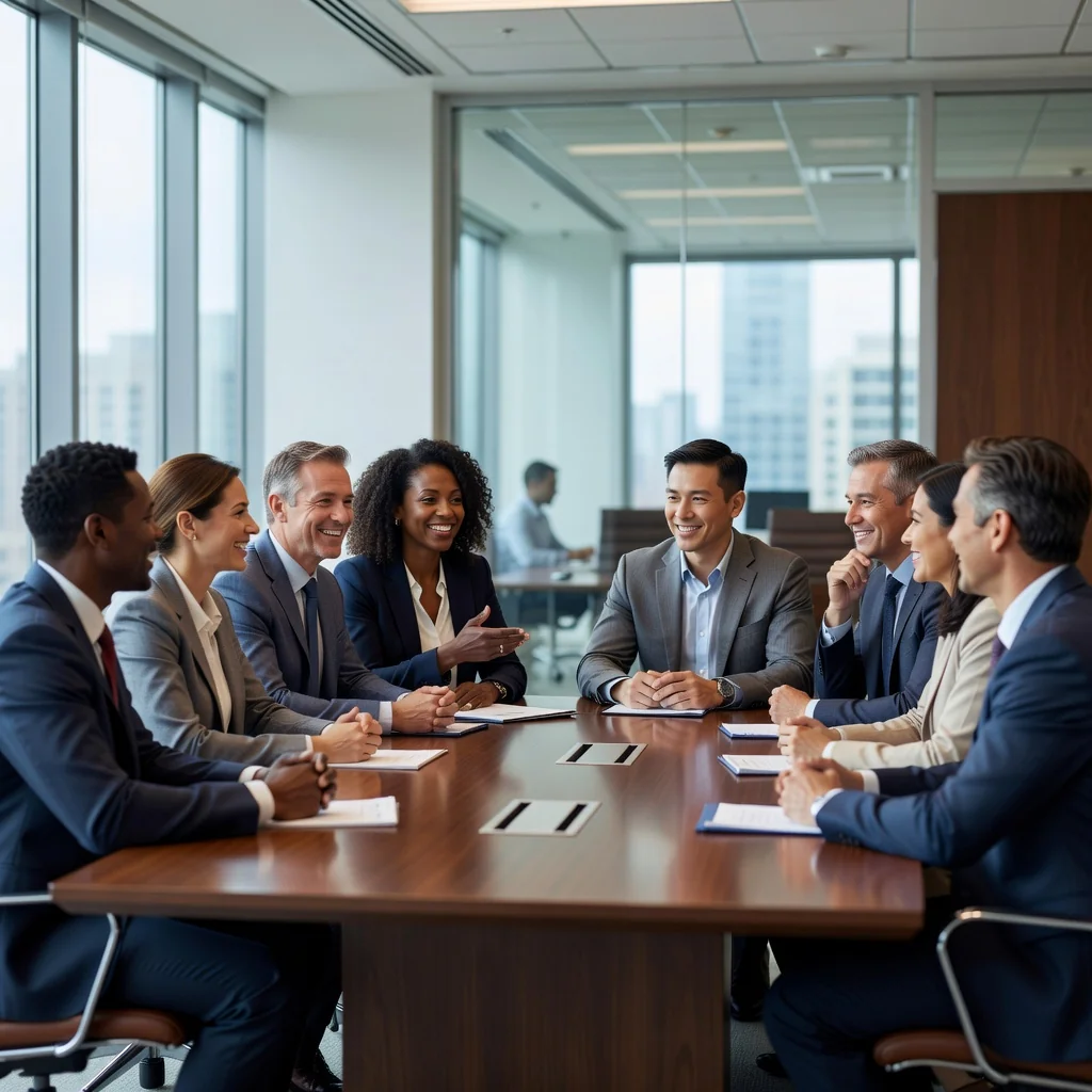 A photorealistic image of a diverse group of professional adults in a modern US workplace, engaged in a positive team discussion around a conference table, symbolizing collaboration, respect, and adherence to workplace conduct standards. No children are present.