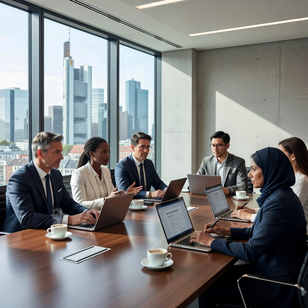 A photorealistic image of a professional business meeting in a modern German corporate office, with diverse adult professionals discussing ethical guidelines around a conference table, symbolizing compliance and corporate conduct codes, no children or documents visible.