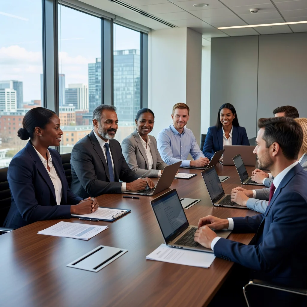 A photorealistic image representing the purpose of a Code of Conduct and Ethics in a UK corporate setting, showing a diverse group of professional adults in a modern office environment, engaged in a collaborative discussion around a table, symbolizing ethical decision-making and integrity at work. No children are present.