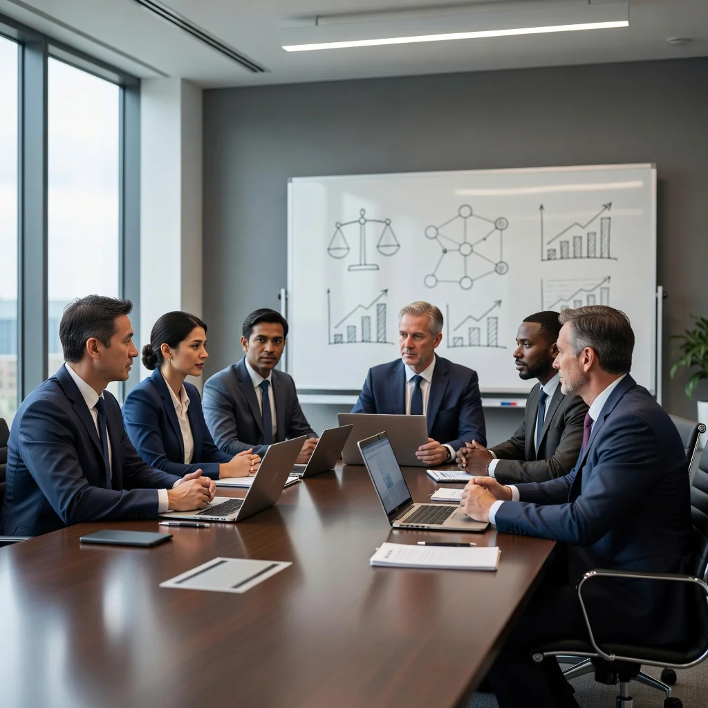 A photorealistic image depicting a diverse group of professional adults in a modern corporate office setting, engaged in a collaborative meeting discussing ethics and conduct, symbolizing trust, integrity, and professionalism in business, with no children present.