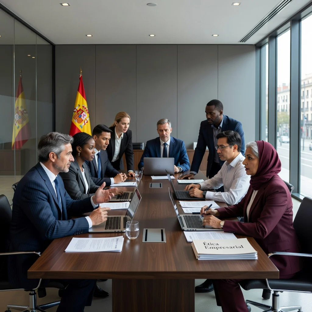 A professional corporate office environment in Spain, featuring diverse adult business professionals in a modern meeting room, discussing ethics and conduct guidelines with confident expressions, symbolizing corporate integrity and ethical practices. No children present.