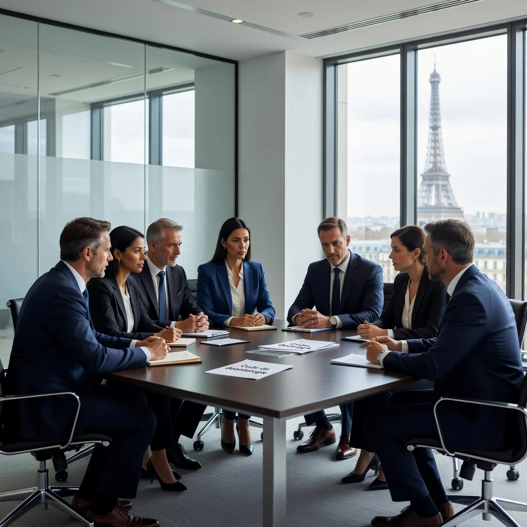A professional business meeting in a modern French office, with diverse adults discussing ethics and compliance documents, symbolizing corporate deontology guidelines.