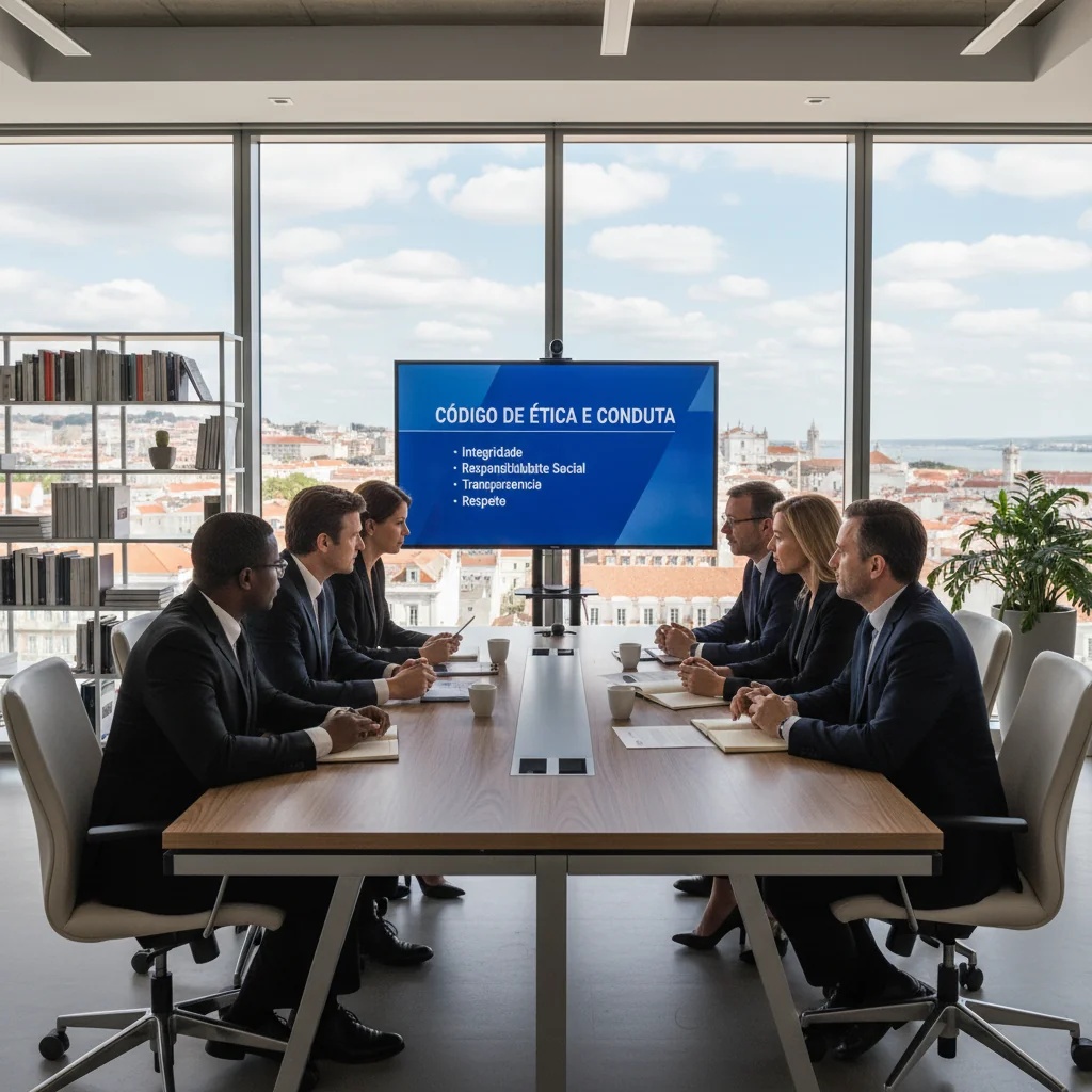 A photorealistic image depicting a professional business meeting in a modern Portuguese office, symbolizing corporate ethics and conduct. Diverse group of adult professionals discussing guidelines around a conference table, with subtle Portuguese elements like a flag or architecture in the background.