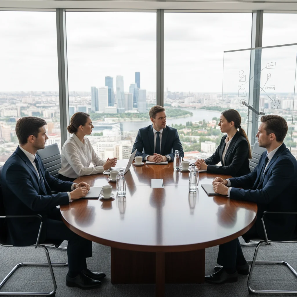 A photorealistic image of a professional business meeting in a modern Russian corporate office, depicting diverse adult professionals discussing ethics and conduct guidelines around a conference table, symbolizing integrity and professional behavior in a corporate setting.