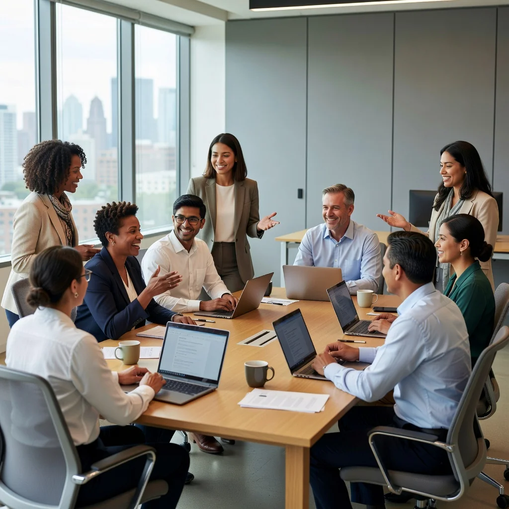 A photorealistic hero image representing diversity, equity, and inclusion in a US workplace, showing a diverse group of adult professionals from various ethnic backgrounds collaborating happily in a modern office environment, symbolizing unity and equal opportunity.