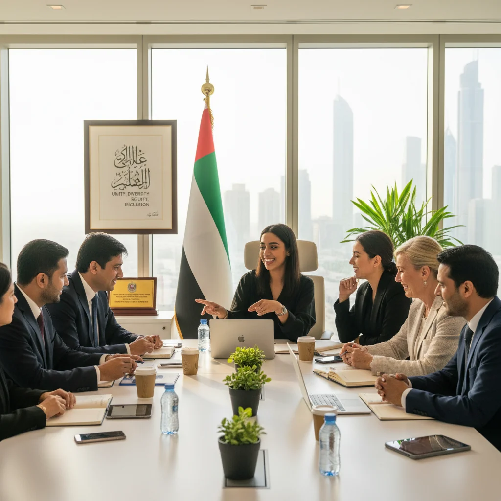 A photorealistic image representing the UAE government's role in promoting diversity, equity, and inclusion, showing diverse groups of adults from various ethnic backgrounds collaborating in a modern UAE office or community setting, symbolizing unity and inclusion.