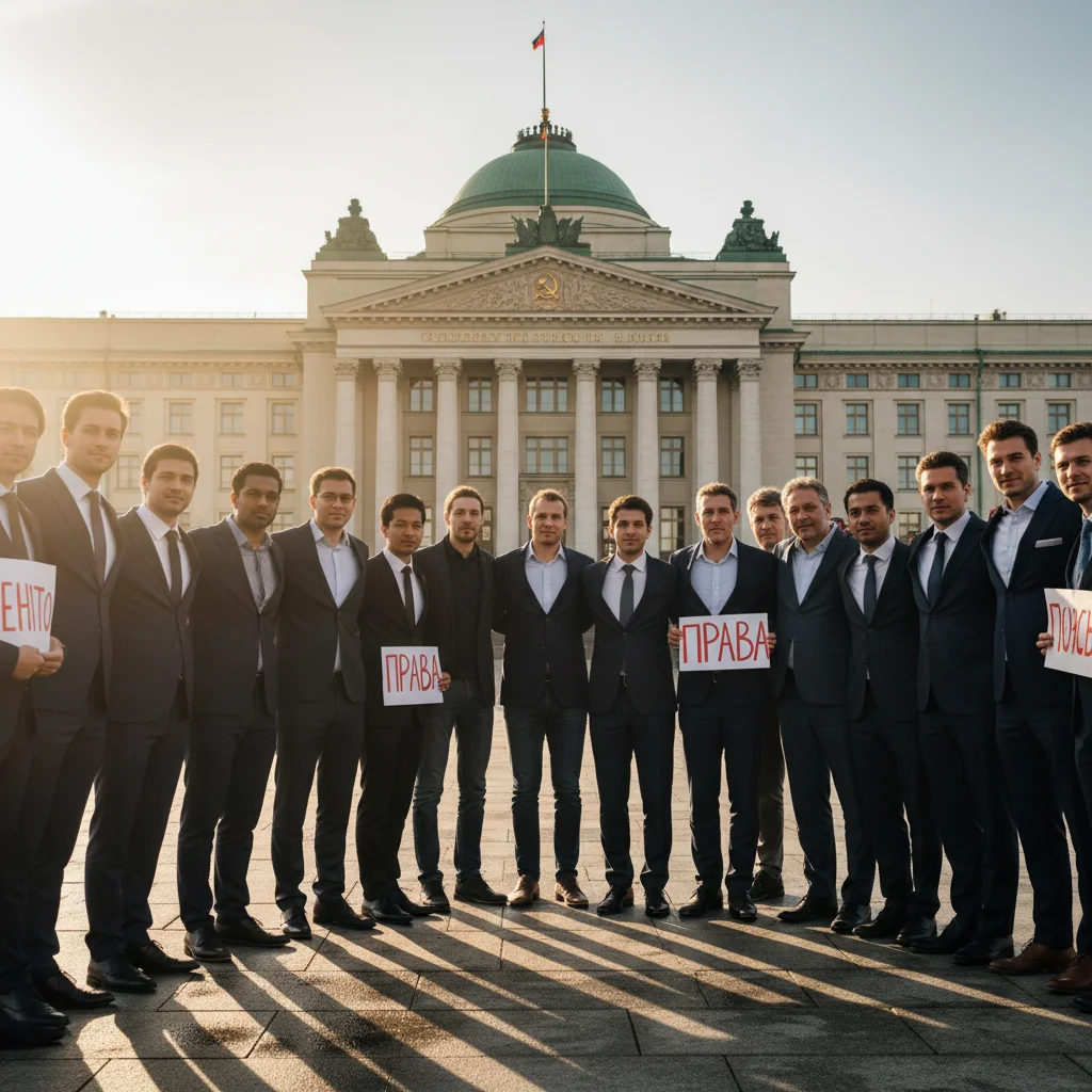 A photorealistic image symbolizing equality and inclusion in Russia, featuring a diverse group of adults from various ethnic backgrounds standing together in unity in front of a modern Russian government building, with the Russian flag subtly in the background, conveying a sense of legal progress and social harmony.