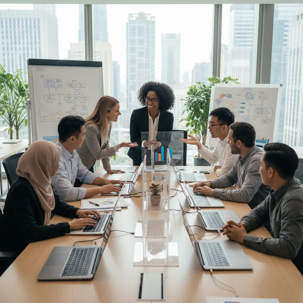 A photorealistic image depicting a diverse group of adult professionals from various ethnic backgrounds collaborating in a modern office environment, symbolizing diversity, equity, and inclusion in Chinese enterprises. The scene shows inclusive teamwork with people of different genders, ages (all adults over 18), and cultures smiling and engaging positively, without any children present.