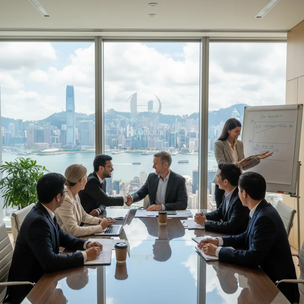 A photorealistic image depicting a diverse group of adult professionals in a modern Hong Kong office setting, symbolizing workplace fairness and DEI policies. The scene shows people of different ethnicities, genders, and ages collaborating equally around a conference table, with the iconic Hong Kong skyline visible through large windows in the background, conveying inclusivity and equity in the corporate environment.