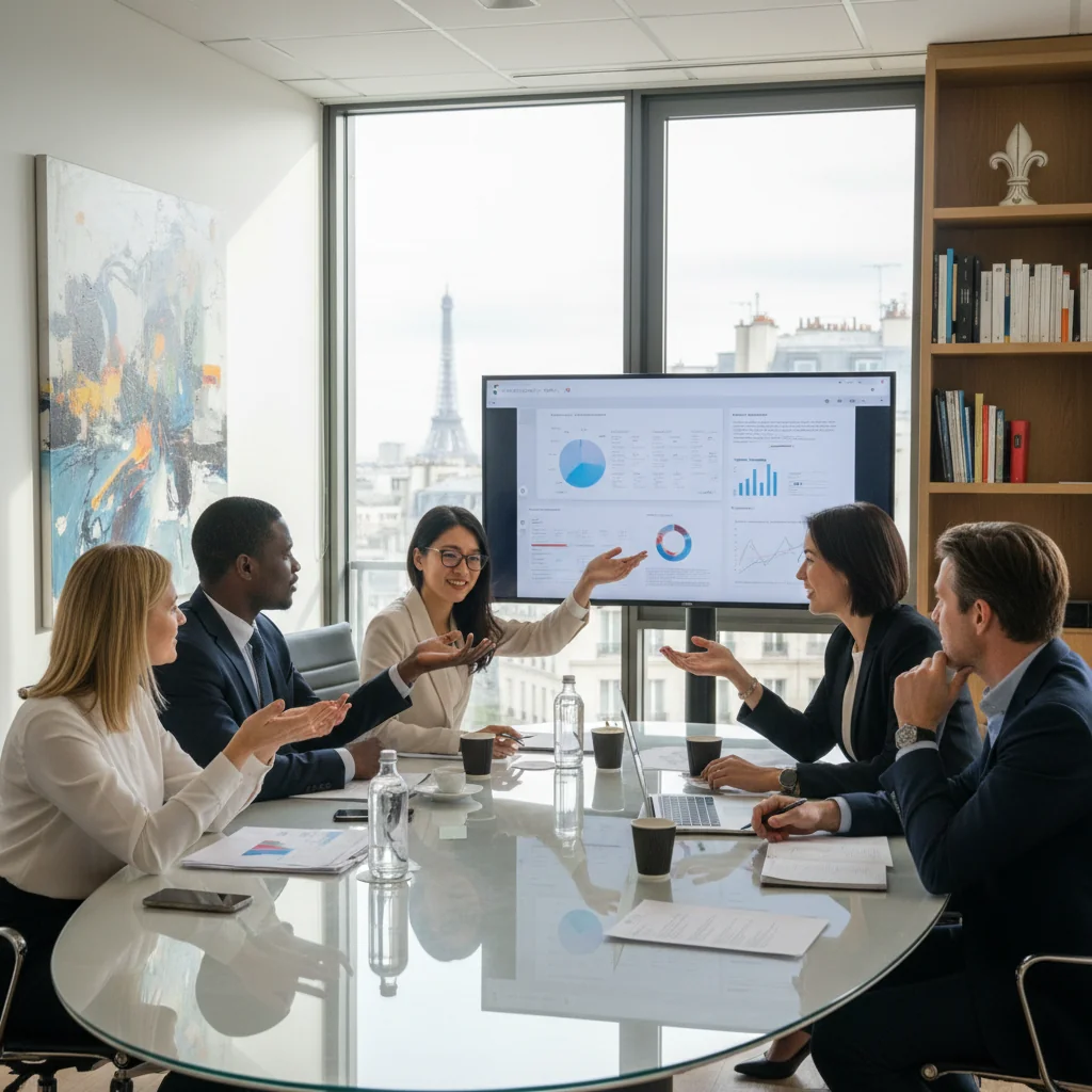 A photorealistic image of a diverse group of adults in a professional French workplace setting, showing collaboration and inclusion, with people of different ethnicities, genders, and ages working together harmoniously in an office environment.