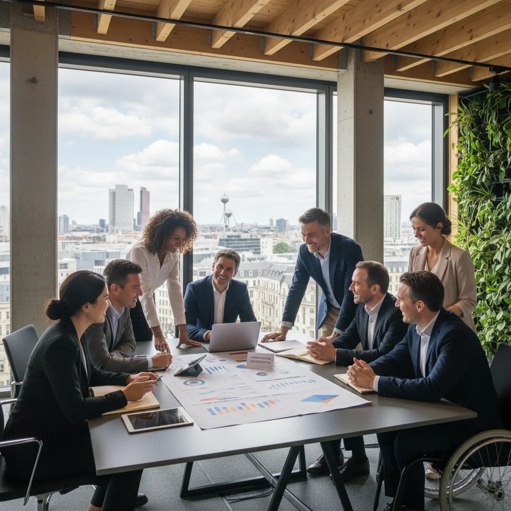 A photorealistic image of a diverse group of professional adults from various ethnic backgrounds collaborating in a modern Belgian office environment, symbolizing the implementation of Diversity, Equity, and Inclusion (DEI) practices in Belgian companies. The scene shows inclusive teamwork with people of different ages and genders engaged in a productive meeting, with subtle Belgian elements like a flag or Brussels architecture in the background. No children are present.