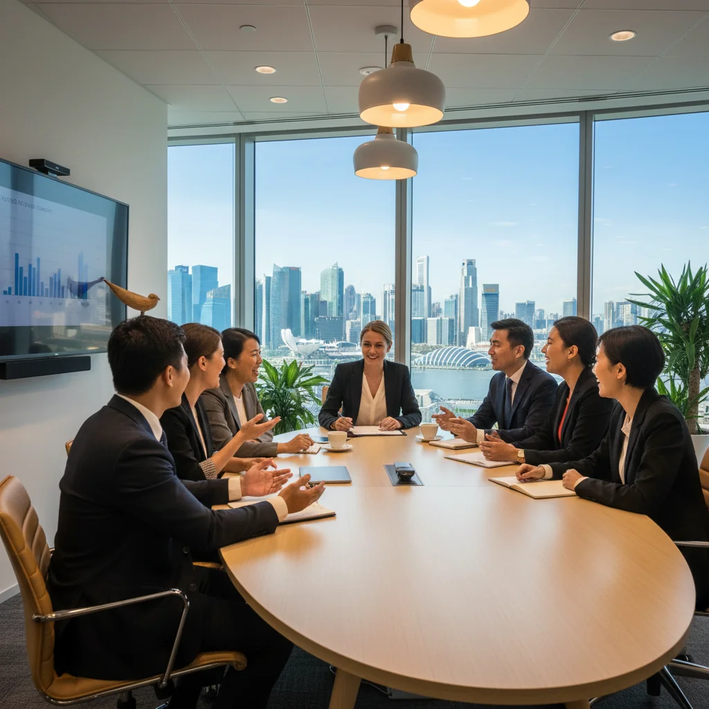 A photorealistic image of a diverse group of adult professionals in a modern Singaporean workplace, collaborating happily around a conference table. They represent various ethnicities, genders, and ages (all adults over 18), symbolizing diversity, equity, and inclusion. The setting includes elements like the Singapore skyline in the background through large windows, with no children present.