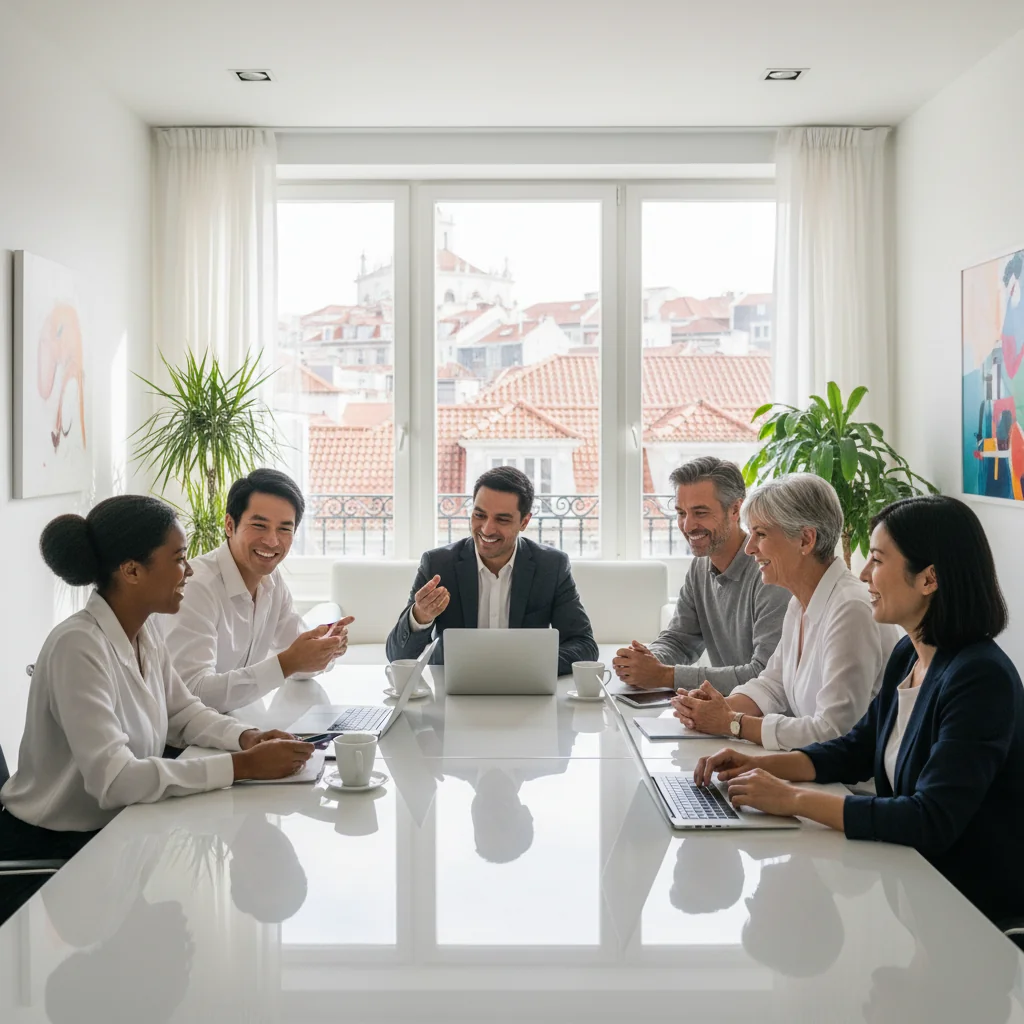 A photorealistic image depicting a diverse group of adult professionals from various ethnic backgrounds collaborating happily in a modern Portuguese office setting, symbolizing the benefits of diversity and inclusion in the workplace. No children are present.